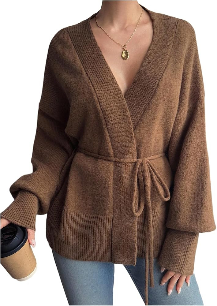 Verdusa Women's Dressy Casual Bow Tie Wrap Cardigans Lantern Sleeve Cozy Sweaters Fall Outerwear | Amazon (US)