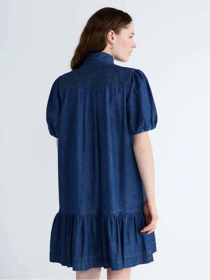 Free Assembly Women's Tie Neck Denim Mini Dress, Sizes XS-XXL | Walmart (US)