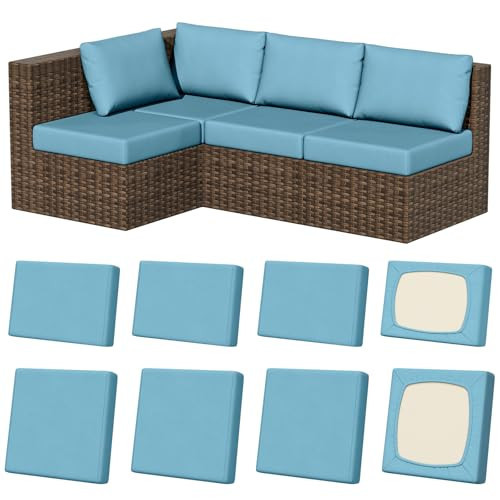 Rosaver 8pcs Stretch Patio Cushion Covers, Outdoor Couch & Sofa Furniture Cushion Covers, Machine Washable Reusable Cushion Slipcovers Protector, Various Shapes, Square Large + Rectangle, Sky Blue | Amazon (US)