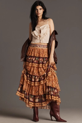 Farm Rio Colorful Birds Tiered Maxi Skirt | Anthropologie (US)