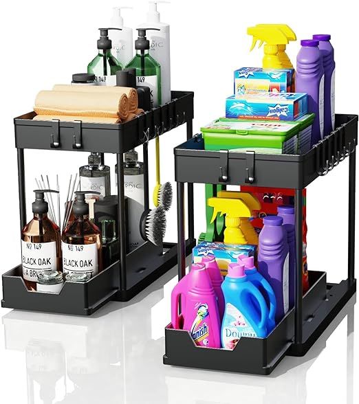 artzon 2 Pack Under Sink Organizers and Storage, 2-Tier Sliding Cabinet Basket Organizer with Hoo... | Amazon (US)