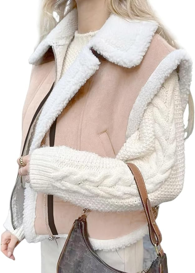 PAODIKUAI Women's Outerwear Vests Sherpa Fleece Jacket Cropped Vest Zip Up Faux Leather Sleeveles... | Amazon (US)