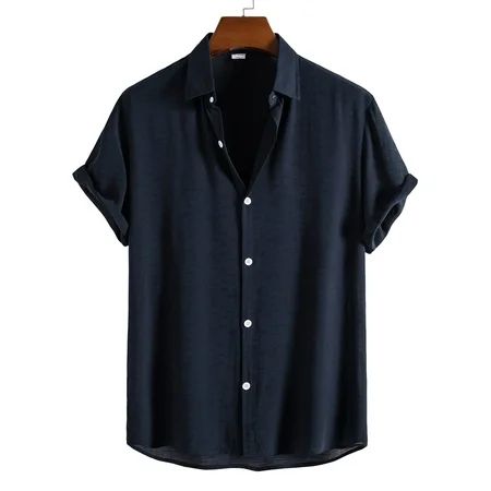 Navy Blue Men Solid Button Through Shirt Casual XXL(14) S033E | Walmart (US)