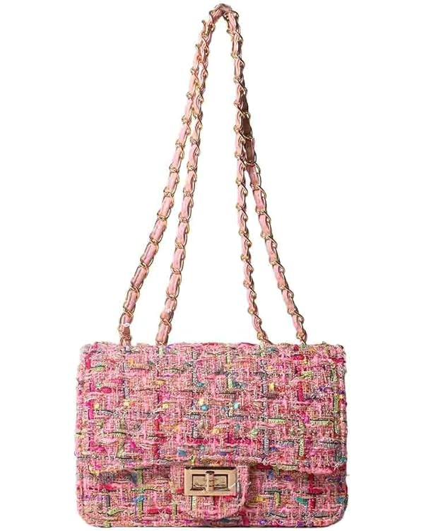 Women's Tweed Plaid Square Bag, Large Capacity Quilted Woven Embroidered Shoulder Bag, Ladies Woo... | Amazon (US)
