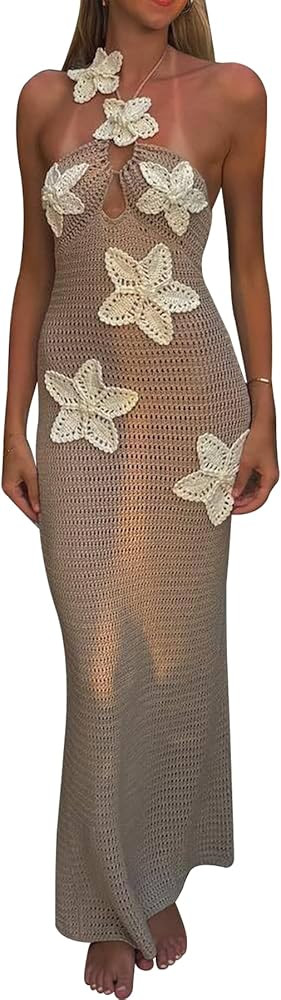 Ptorlio Womens Swimsuit Cover Up Summer Halter Beach Floral Bodycon Sleeveless Coverup Crochet Ma... | Amazon (US)