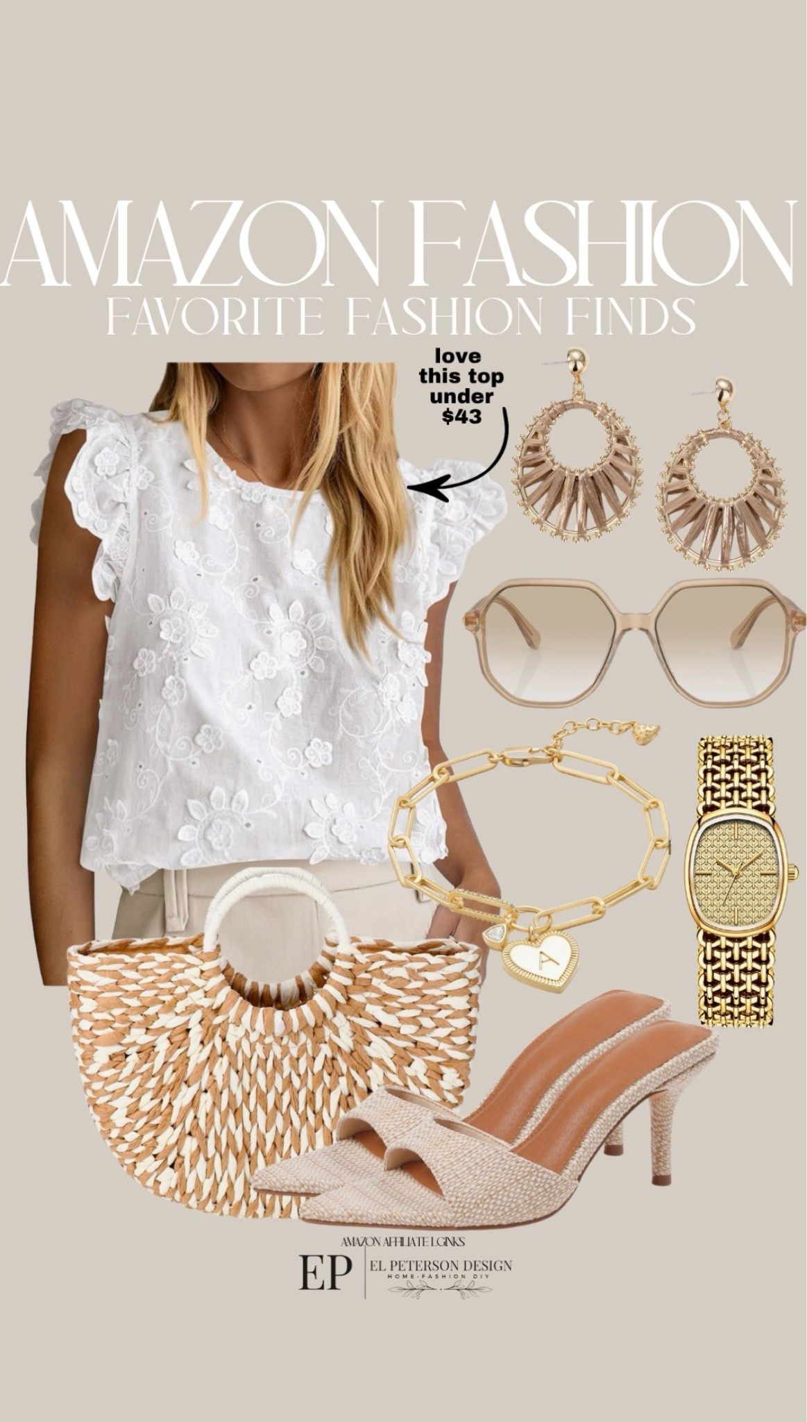 Amazon
Top
Sunglasses
Earrings
Watch
Bracelet 
Heels 
Purse