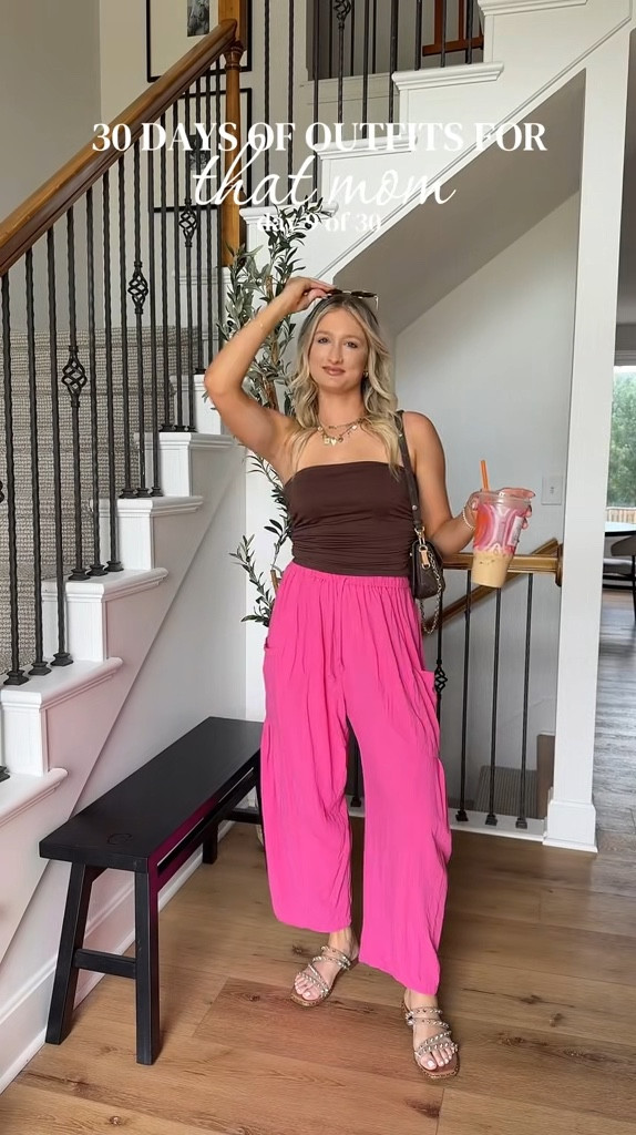 comfy pants // baggy sweats // pink fun pants // brown tube top // old navy top 