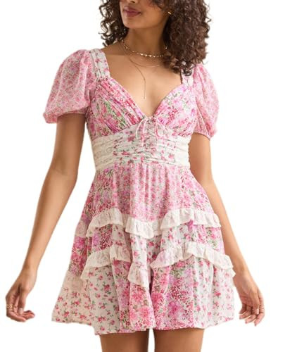 Women Floral Patchwork Mini Dress Y2k V Neck Tie Back Tiered Ruffle Dress Bohemia Layered Swing Short Dress | Amazon (US)