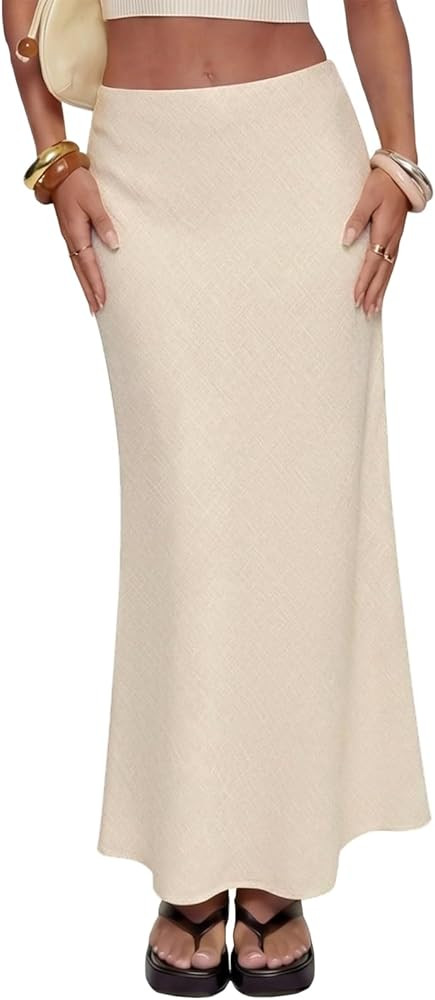 Women's Linen Maxi Skirt Elastic High Waisted White Summer Casual Clothes Long Skirts for Women | Amazon (US)