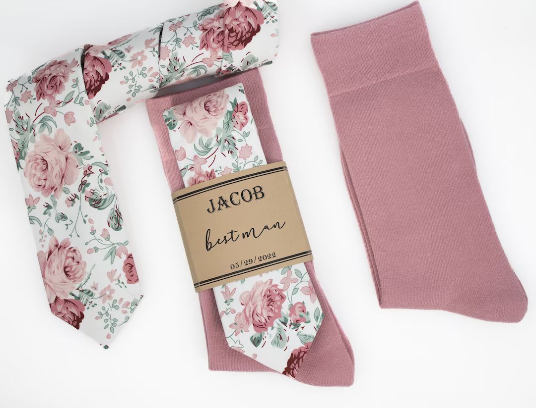 Groomsmen Socks and Ties, Dusty Rose and Sage Floral Tie and Dusty Rose Solid Color Socks. Dusty ... | Etsy (US)