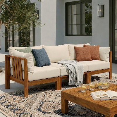 Christopher Knight Home Aion Modern Acacia Wood 3-Seater Sectional Sofa with 5 Pillows, Teak/Beige | Target