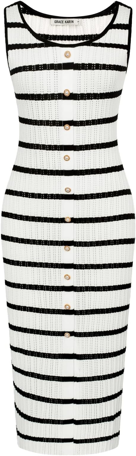 GRACE KARIN 2024 Women's Summer Midi Dresses Sleeveless Hollow Out Crochet Sweater Knit Dress Fro... | Amazon (US)