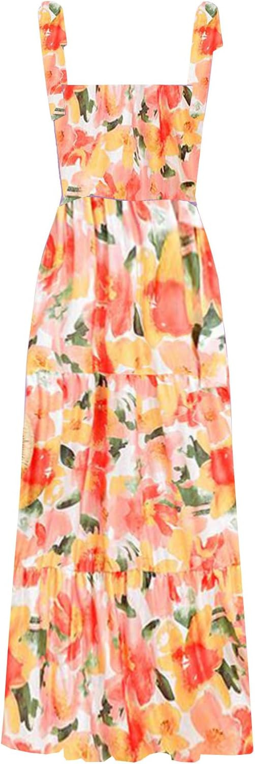 kinstell Women's Summer Boho Spaghetti Strap Square Neck Ruffle Casual Flowy Long Dress Beach Swi... | Amazon (US)