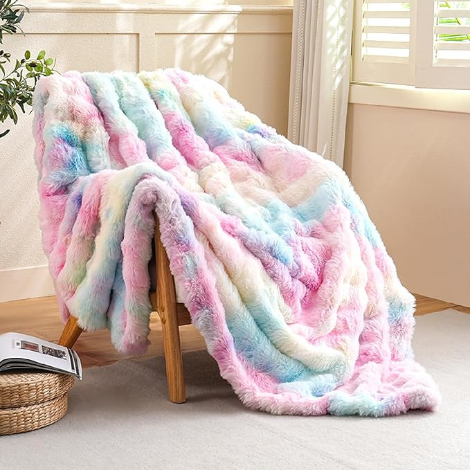 Pink Faux Fur Throw Blanket for Couch Rainbow Fluffy Plush Fuzzy Bed Blankets Warm Thick Rabbit F... | Amazon (US)