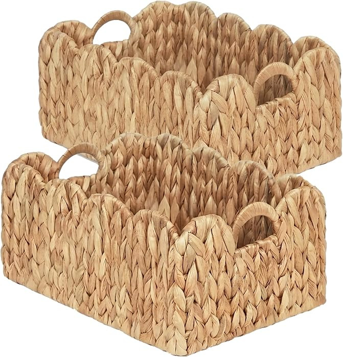 LUSYDECO Set of 2 Scalloped Edge Wicker Storage Basket with Built-in Handles, Rectangle Water Hya... | Amazon (US)