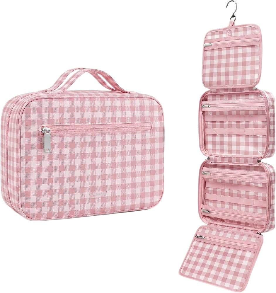 Waterproof Hanging Toiletry Bag for Women, Gingham Makeup Organizer Bag, Travel Cosmetic Case wit... | Amazon (US)