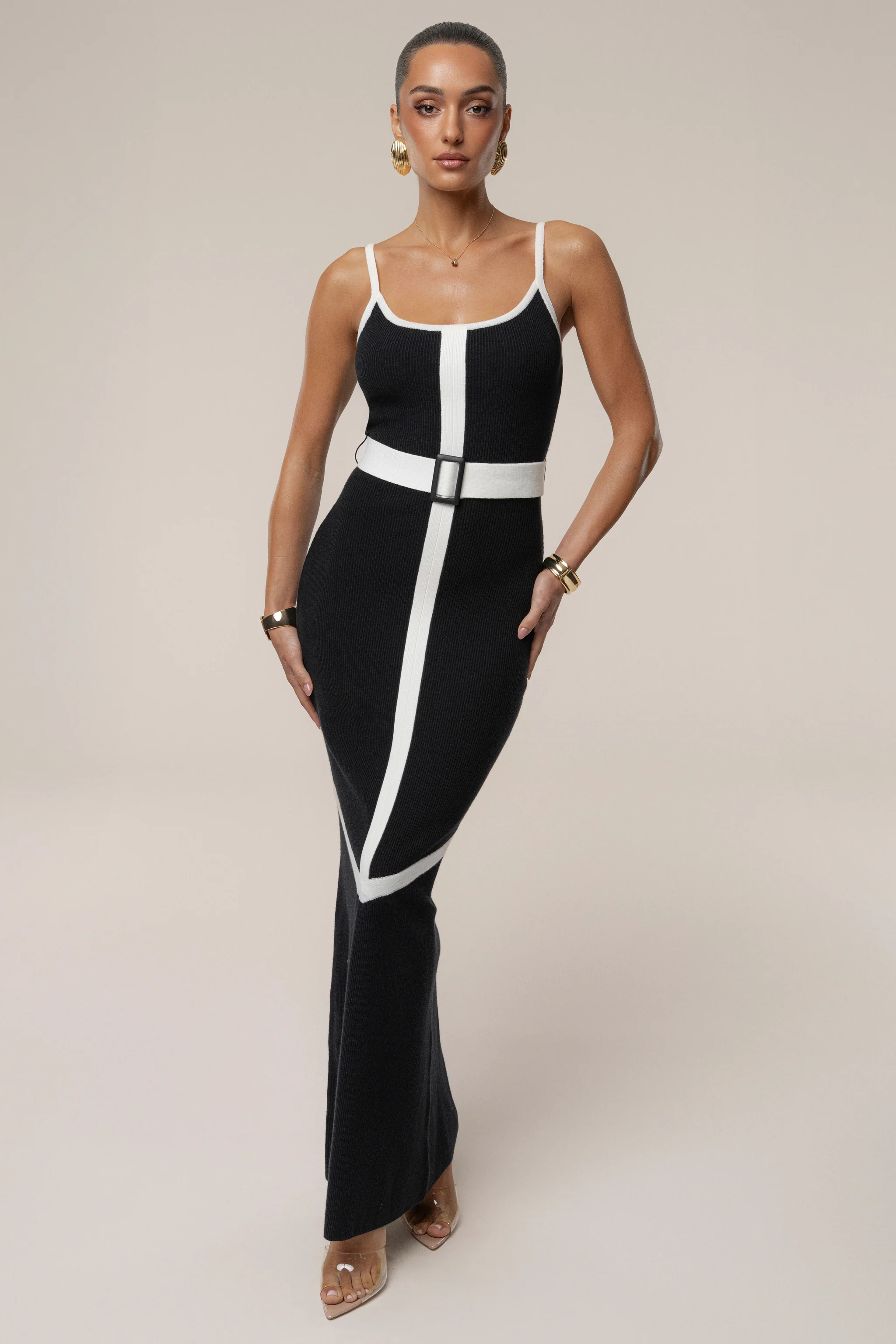 Black/Ivory Belted Cami Maxi Dress | JLUXLABEL