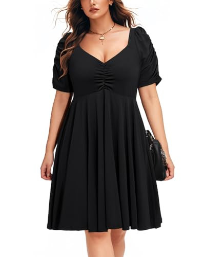 Plus Size Black Dress Puff Sleeve Sweetheart Neckline A Line Short Flowy Skater Cute Homecoming Casual Dresses Pockets | Amazon (US)