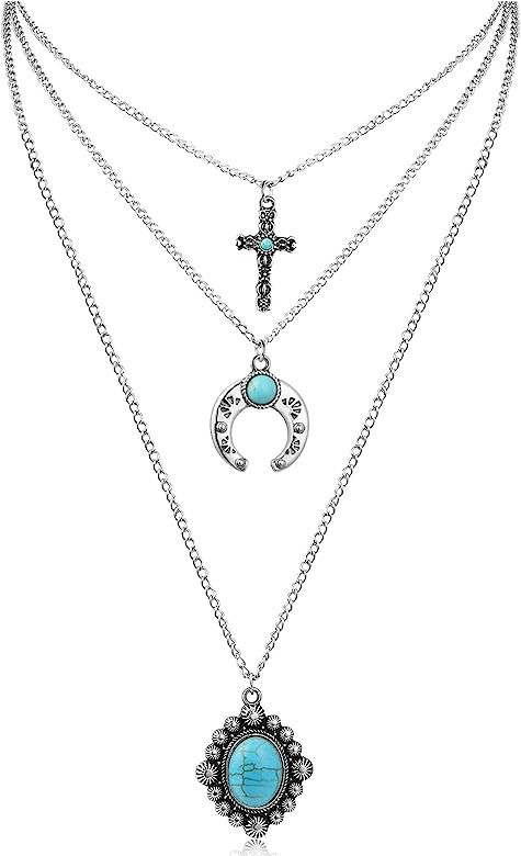 IDesign Western Layered Necklace for Women Cowgirls Turquoise Stone cross Western Cowboy Necklace... | Amazon (US)
