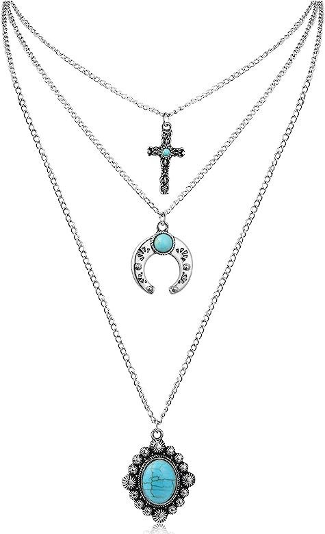 IDesign Western Layered Necklace for Women Cowgirls Turquoise Stone cross Western Cowboy Necklace... | Amazon (US)
