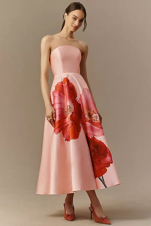 Pink Floral Strapless A-Line Midi Dress | Anthropologie (US)