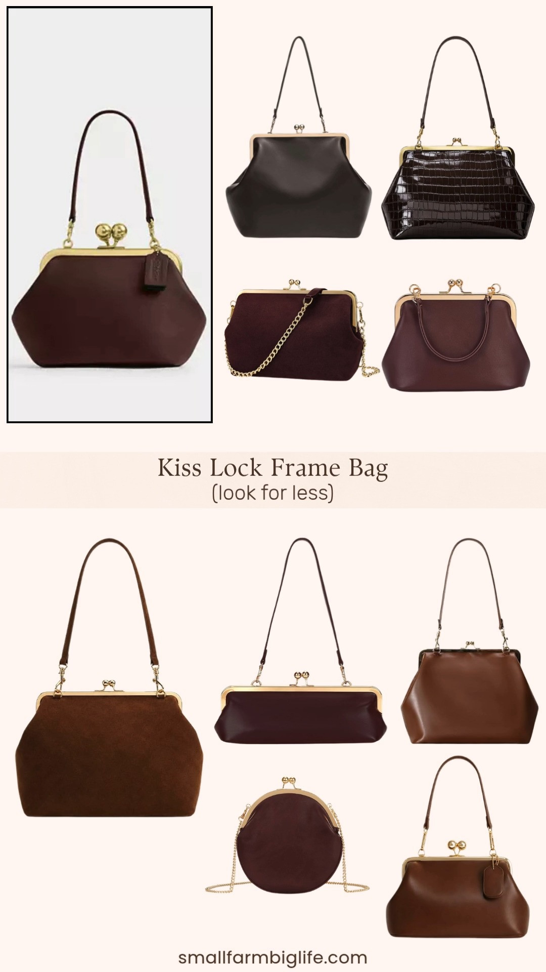 The kiss lock frame bag trend is everywhere this fall, and while the Coach version brings that gorgeous brass and maple color combo, these Amazon finds capture the same vintage inspired charm for a fraction of the price. The dark brown crocodile embossed kiss lock tote and the coffee brown leather kisslock shoulder bag both bring that structured, trendy top handle silhouette.

For evening or date night, the wine red and gold mini crossbody and the burgundy JQWSVE kisslock clutch are both perfect small options with that classic kiss clasp closure. The red brown shoulder bag with a gold tone frame is another easy pick for a party or evening out.

If you want something more versatile for daily wear, the brown suede vintage hobo and the brown kiss lock top handle tote both work beautifully for work or errands. The faux suede kiss lock bag with a detachable strap is a great multi way option, and the brown straw kiss lock hobo brings a fun, textured beach or vacation vibe to the trend.

#lookforless #coach #kisslockbag #fallfashion #amazonfinds 

 #LTKootd #LTKOver40 #LTKWorkwear
