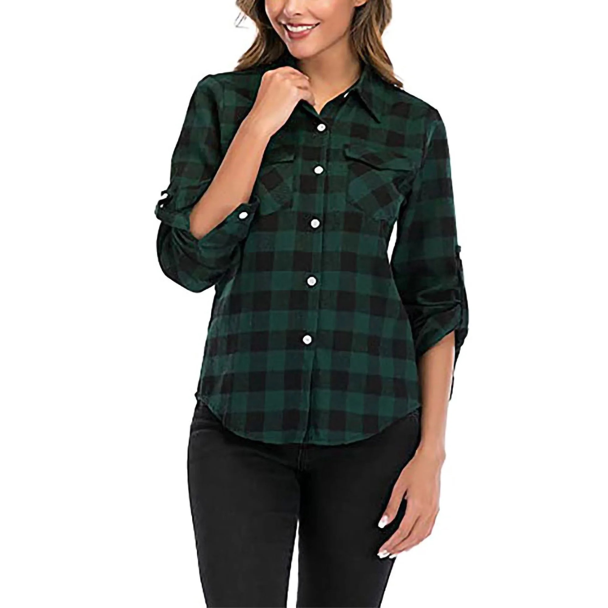 Nieur Women's Button Down Plaid Shirts Long Sleeve Casual Turn Down Neck Check Pocket Blouse | Walmart (US)