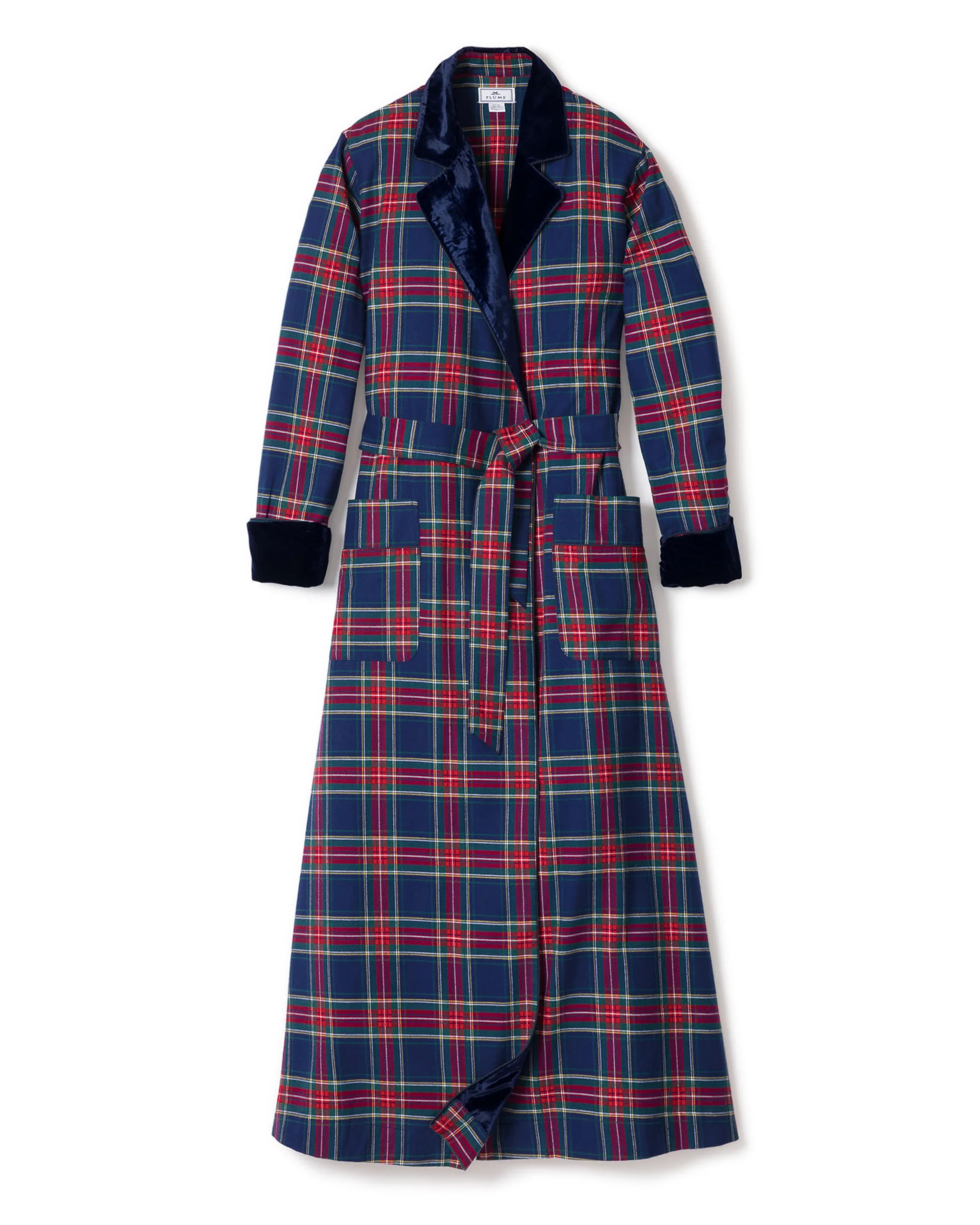 Women's Long Robe with Velvet Trim in Windsor Tartan | Petite Plume