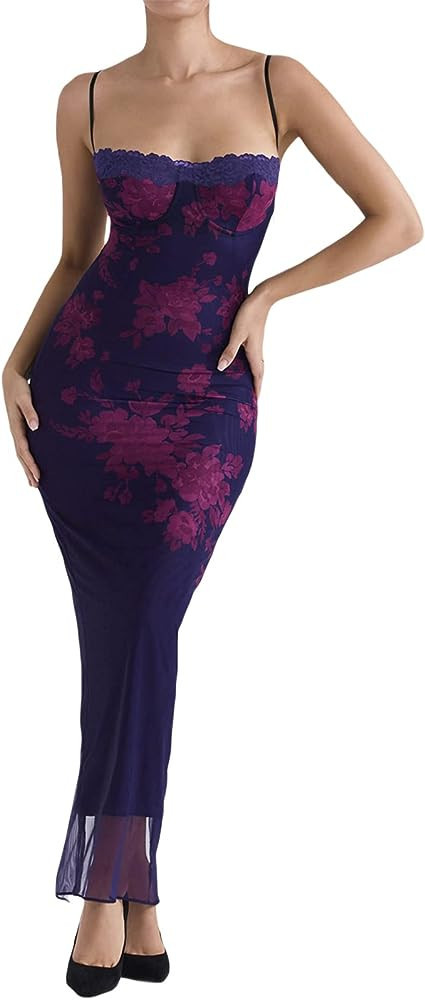 Women Vintage Spaghetti Strap Bodycon Maxi Dress Y2k Low Cut Floral Print Long Dress | Amazon (US)