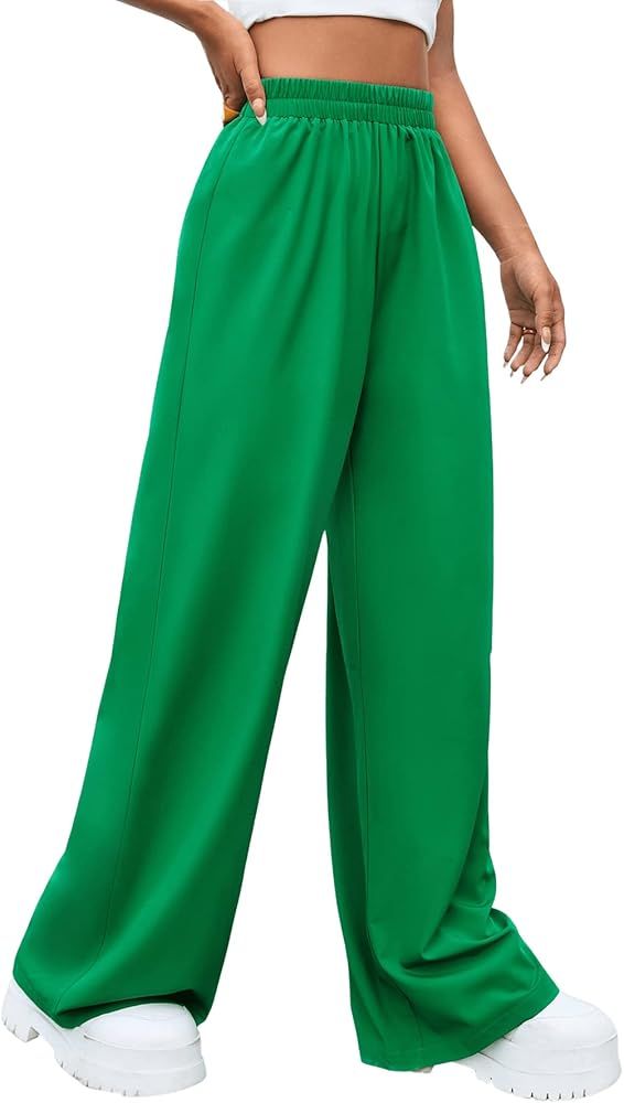 Floerns Women's Casual High Waisted Pleated Wide Leg Palazzo Pants Trousers | Amazon (US)