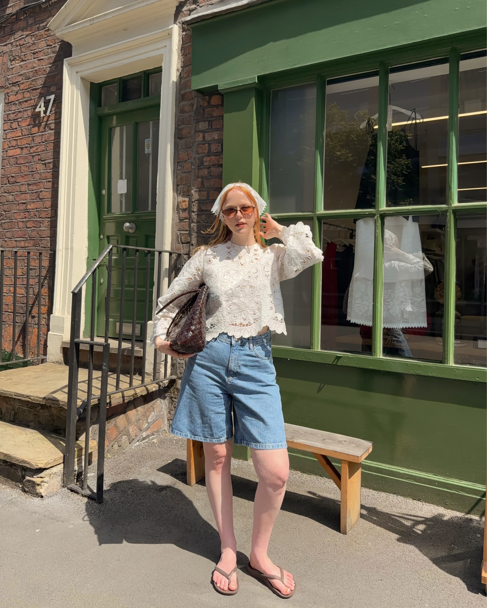 Summer Blouse, Denim Bermuda Short, Hair Bandana, Dragon Diffusion Bag, Flip Flops, Sandals

#LTKsummer #LTKuk #LTKeurope