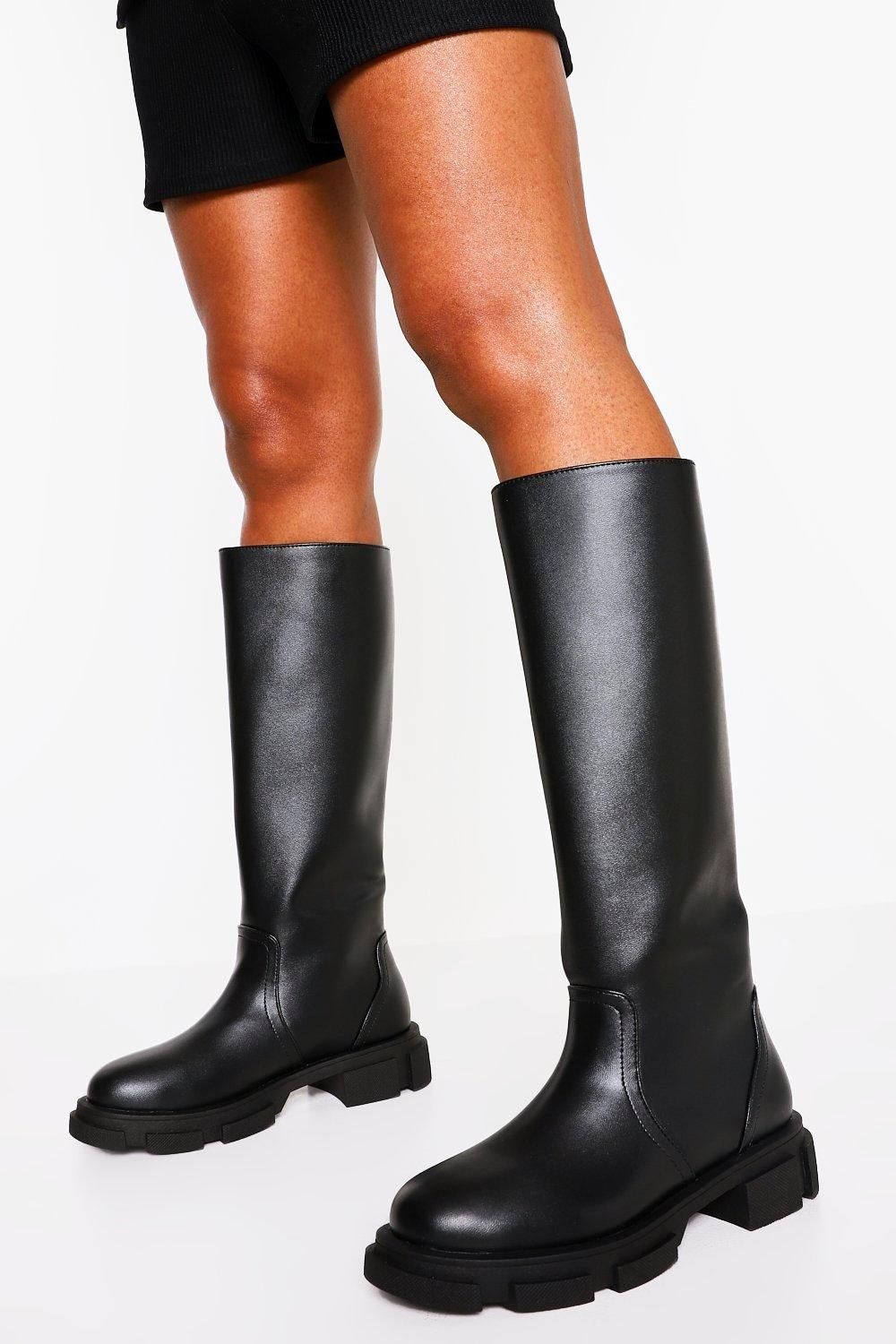 Womens Pull Chunky Knee High Boot - Black - 7 | Boohoo.com (US & CA)