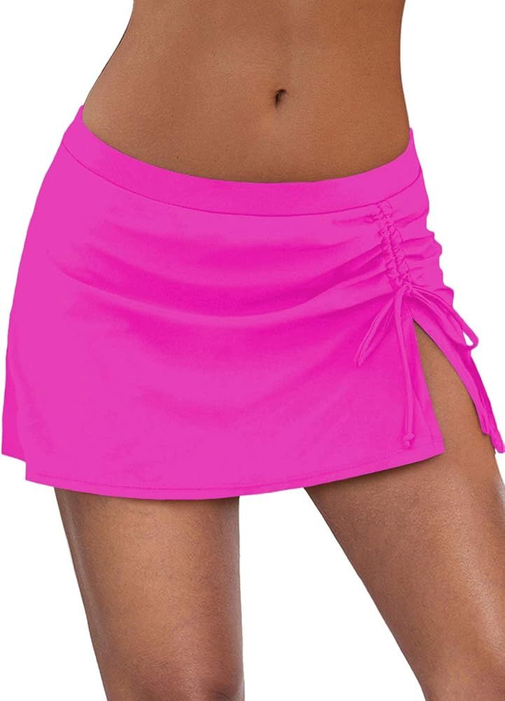 Byoauo Women's Swim Skirt Solid Ruched Swimsuits Side Slit Pull Tie Bikini Bottom | Amazon (US)