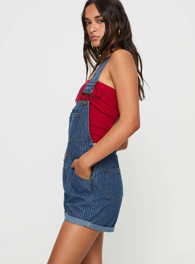 Kacey Short Overalls Mid Blue Pinstripe | Princess Polly US