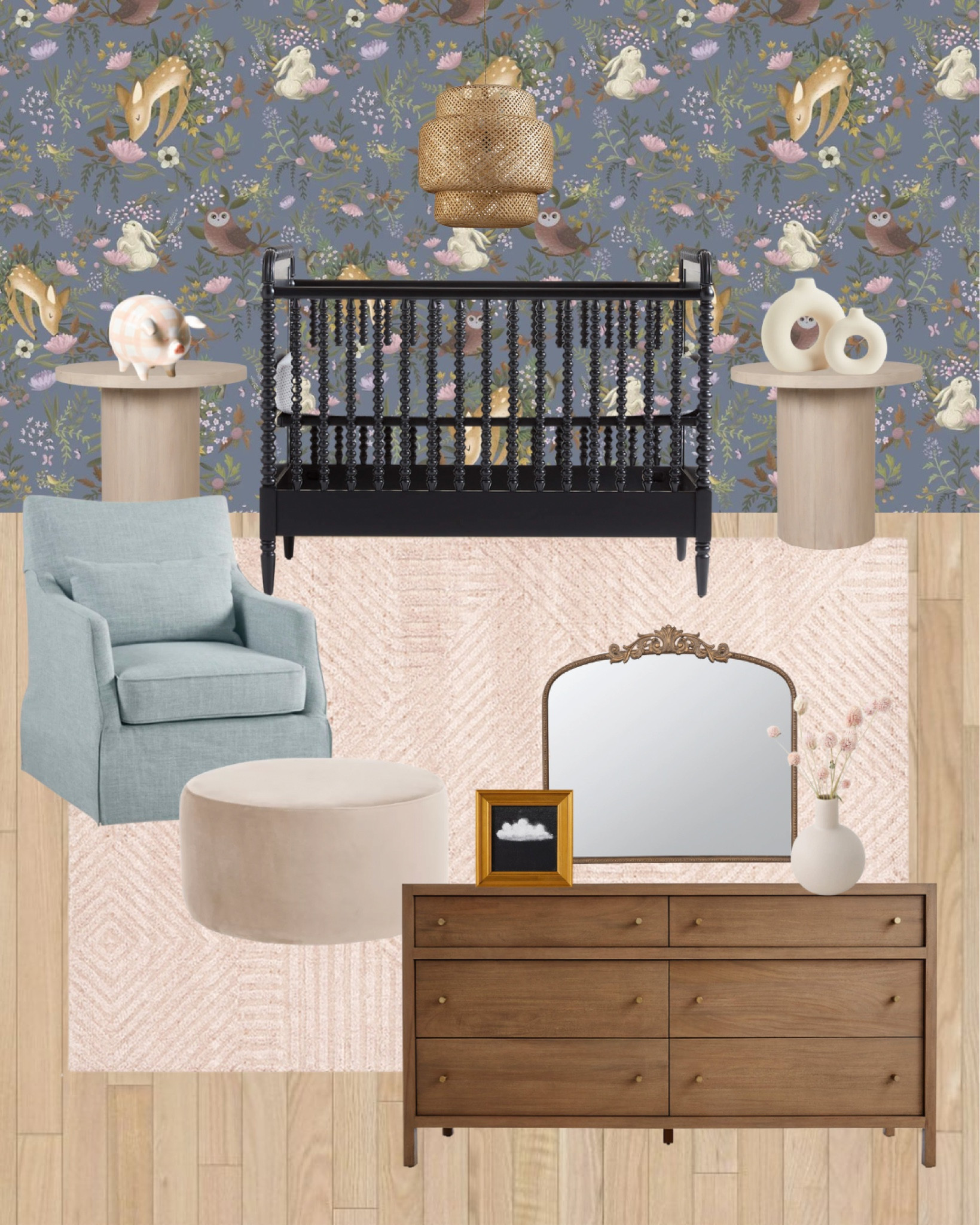 Baby girl nursery idea. Blue and pink nursery. Oh Deer wallpaper. Black crib in nursery. Pink and blue nursery design. Navy wallpaper in nursery  

#LTKbaby #LTKkids #LTKhome