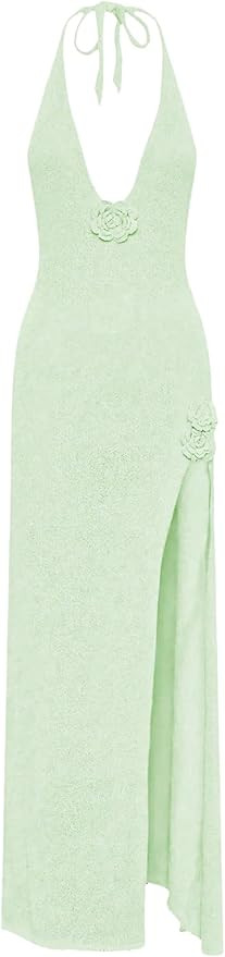 GORGLITTER Women's Flower Bow Halter Bodycon Maxi Dress Backless V Neck Sleeveless Summer Beach V... | Amazon (US)