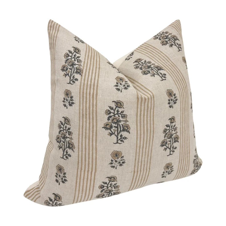 WREN Designer Floral Linen Pillow Cover, Beige and Green Floral Pillow Cover, Block Print Linen P... | Etsy (US)