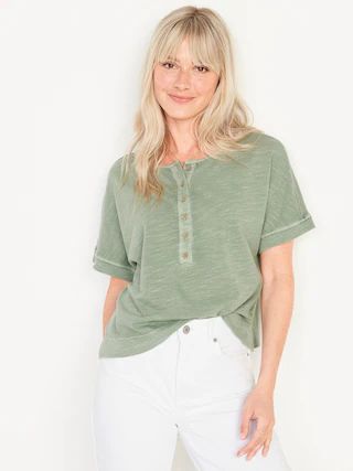 Short-Sleeve Cropped Crinkled Slub-Knit Henley T-Shirt for Women | Old Navy (US)