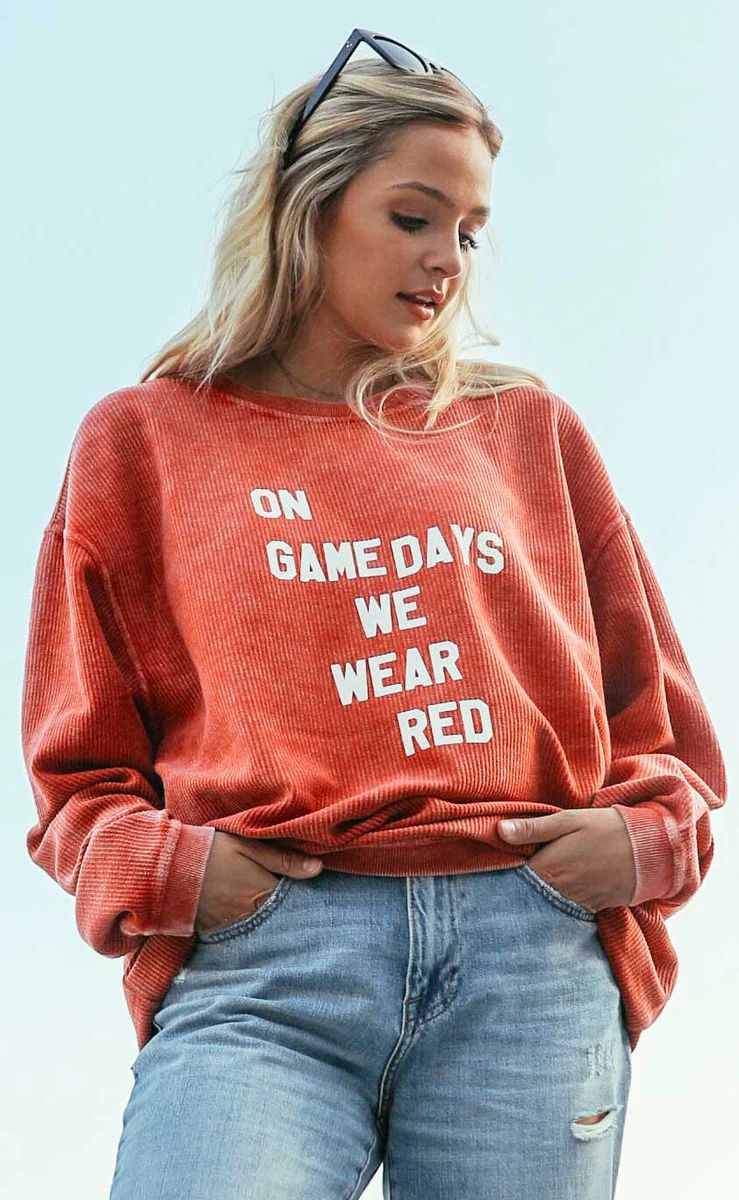 charlie southern: on gameday we wear red corded sweatshirt | RIFFRAFF