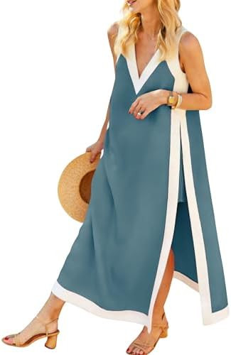 Hooever Women's 2 Piece Dress Sets Color Block Sleeveless V Neck Maxi Dress Matching Shorts with ... | Amazon (US)