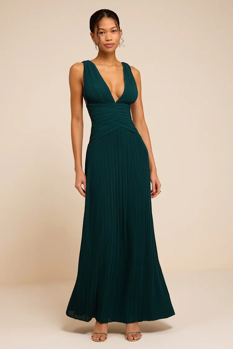 Kelina Emerald Green Pleated Drop Waist Maxi Dress | Lulus