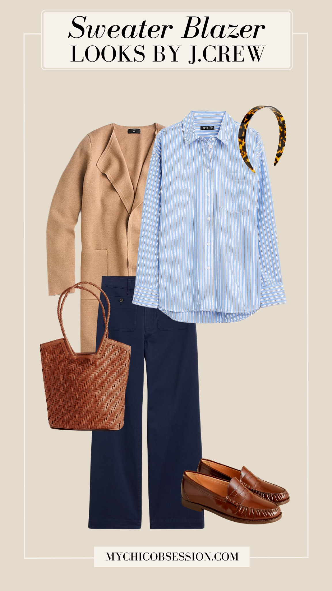 Style a J.Crew sweater blazer in a chic fall look with a striped button-down, navy flare pants, and leather loafers. Accessorize with a tortoiseshell headband, and a woven leather tote bag.

#LTKWorkwear #LTKSeasonal #LTKStyleTip