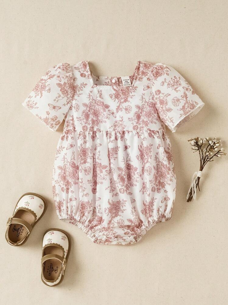 Souflis Souflis Baby Girl Lovely Lightweight Short Sleeve Floral Print Bodysuit, Summer | SHEIN