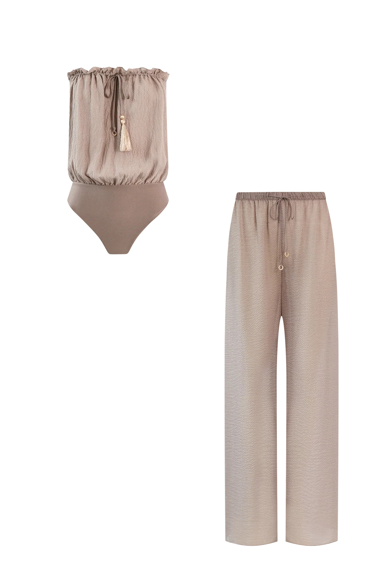 Taupe Silk Trousers Bandeau Set | HANNE BLOCH | HANNE BLOCH