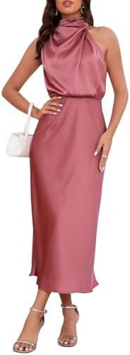 Women's Satin Maxi Dress Summer Formal Wedding Guest Cocktail Dress | Mock Neck Sleeveless, Elega... | Amazon (US)