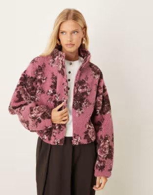 ASOS DESIGN bubble hem zip through borg fleece in pink and plum AOP floral design | ASOS (Global)