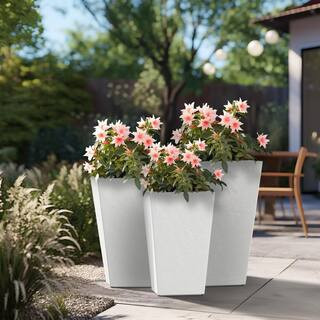 Modern 24.5in., 18.5in., 16in. High Large Tall Tapered Square Crisp White Outdoor Cement Planter Plant Pots Set of 3 | The Home Depot