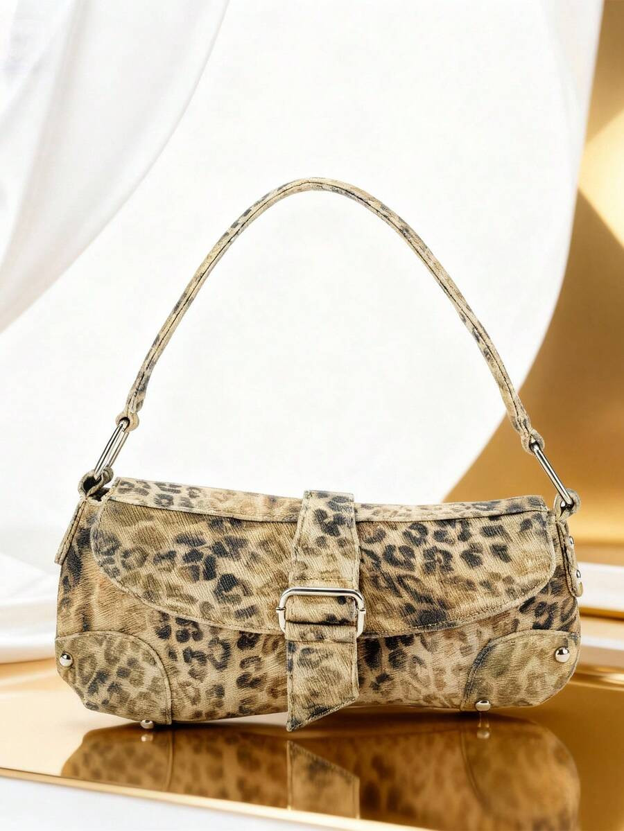 Distressed Beige Asymmetric Animal Print Shoulder Bag, Fashionable Y2K Leopard Print Rivet Biker ... | SHEIN