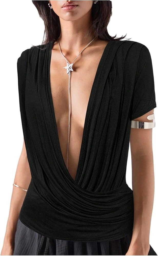 SOLY HUX Women's Deep V Neck T Shirts Short Sleeve Draped Fitted Sexy Tops Summer Date Night Outf... | Amazon (US)