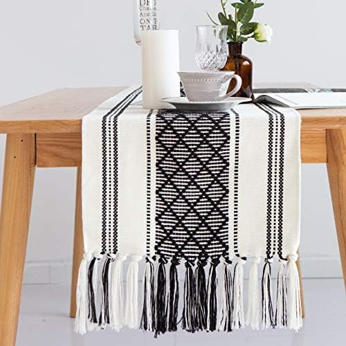 ALIBALA Cotton Woven Boho Table Runner with Tassel 14in x 59in, Black & Cream Geometric Diamond W... | Amazon (US)